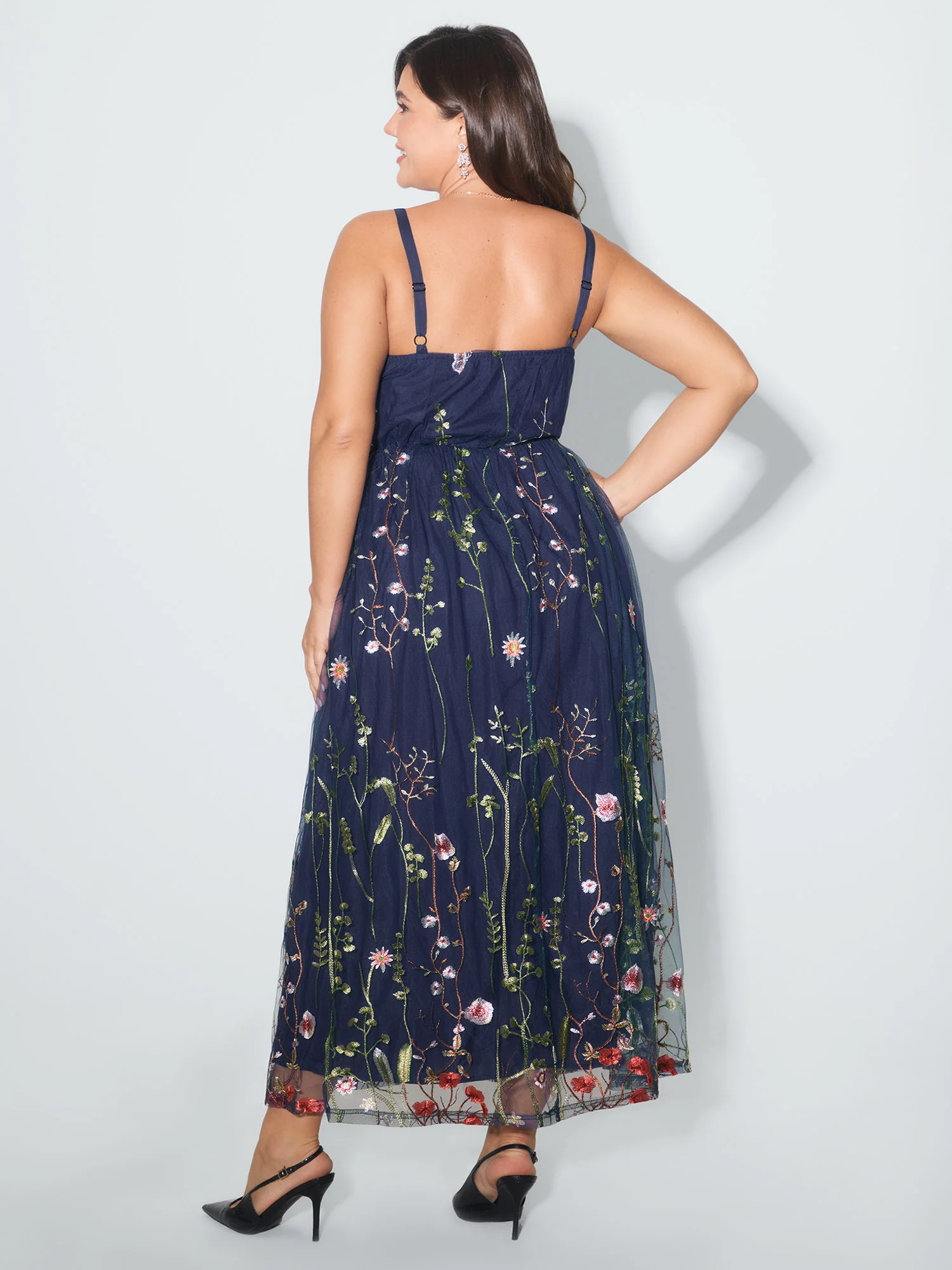 U Neck Floral Embroidered Mesh Cami Dress - Image 4