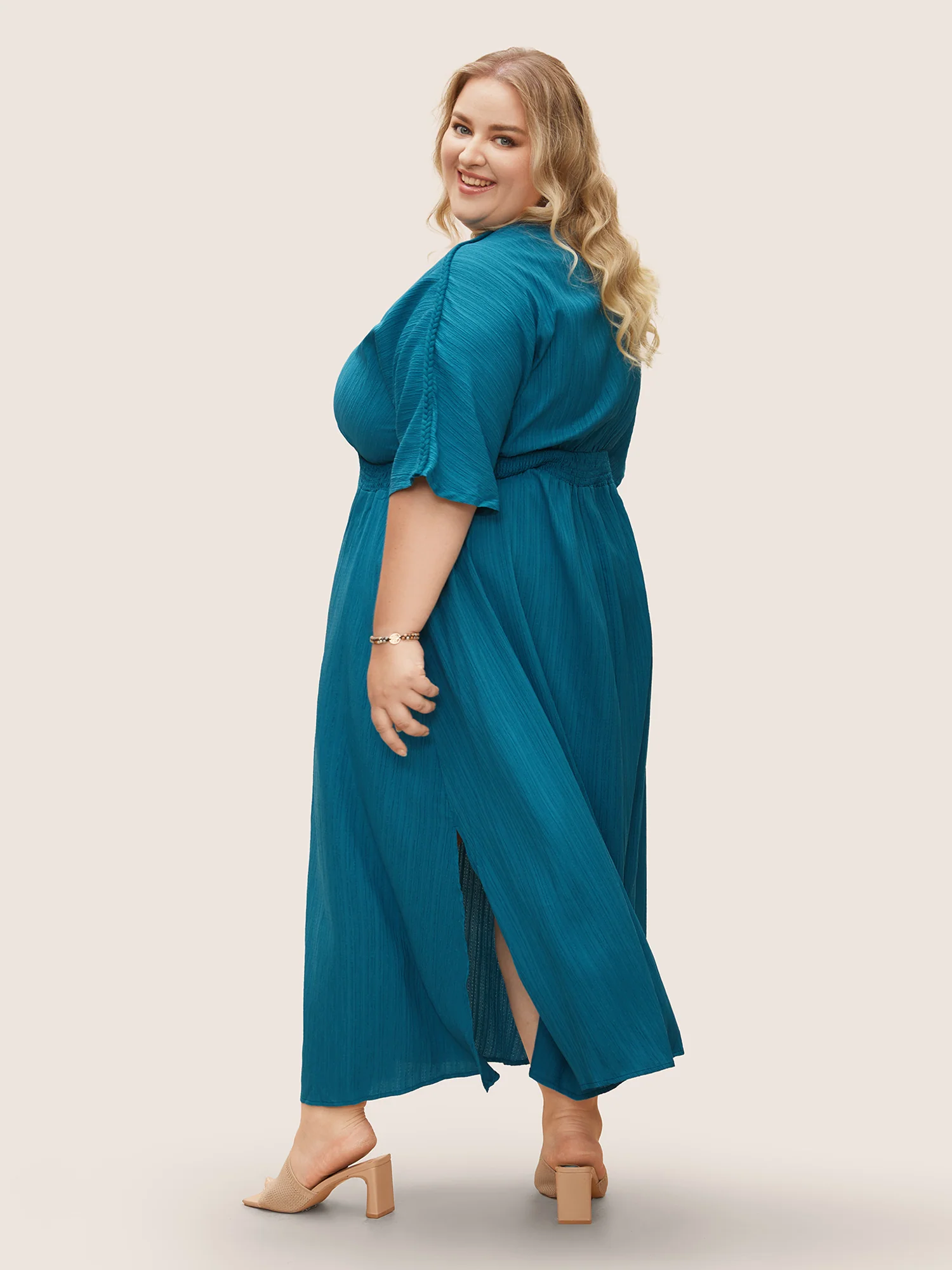 V Neck Shirred Contrast Webbing Split Side Dress - Image 11