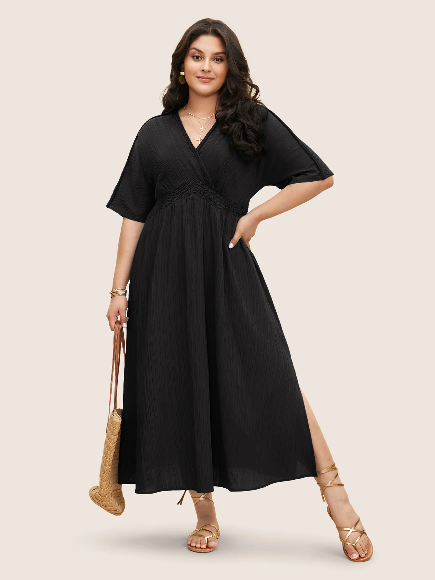 V Neck Shirred Contrast Webbing Split Side Dress - Image 12