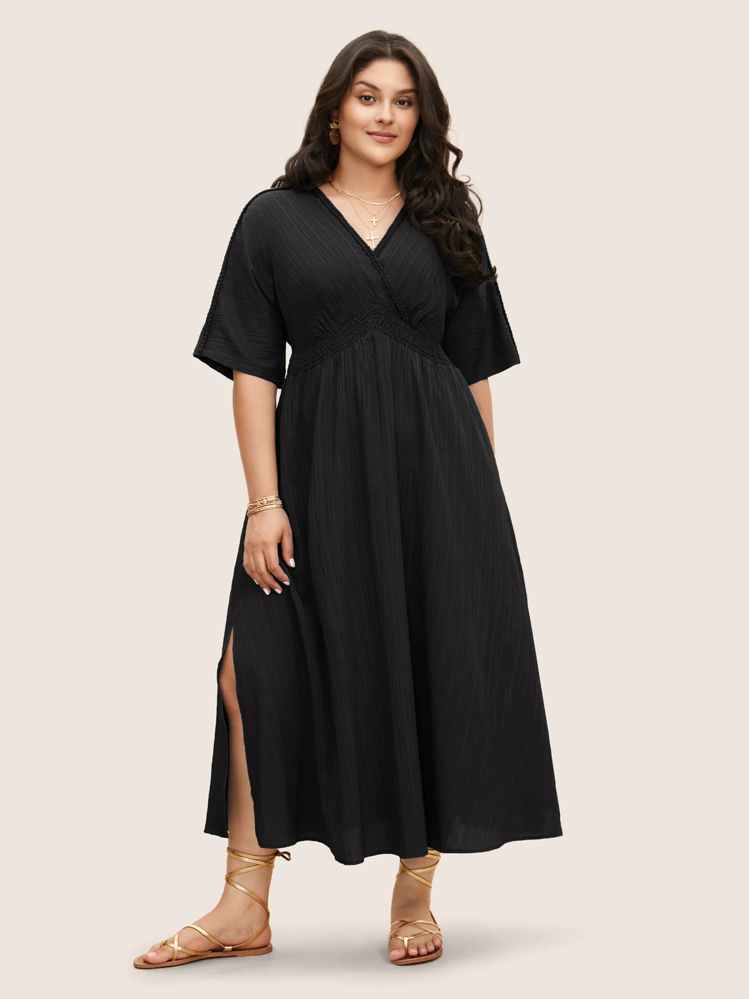 V Neck Shirred Contrast Webbing Split Side Dress - Image 13