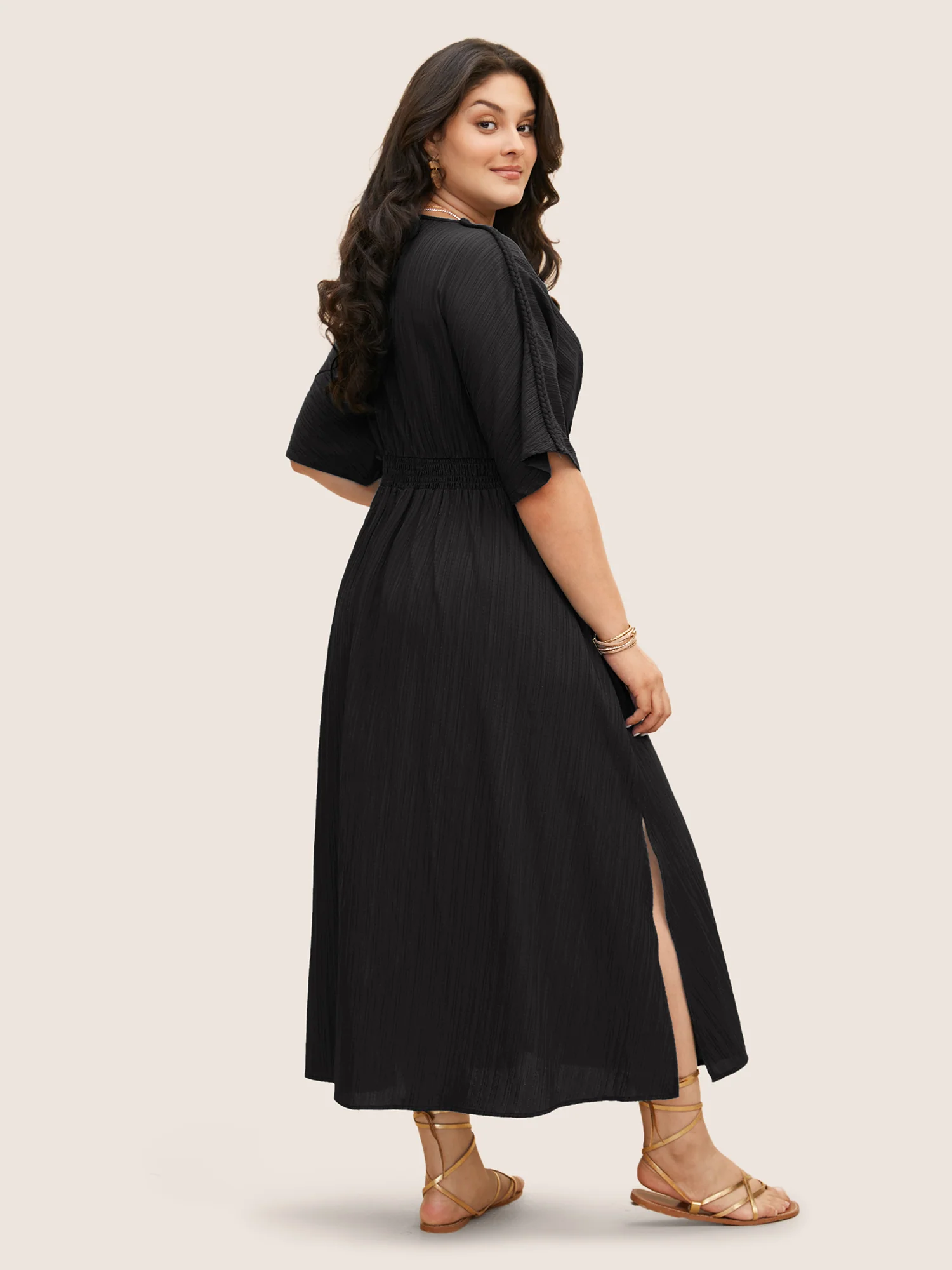 V Neck Shirred Contrast Webbing Split Side Dress - Image 15