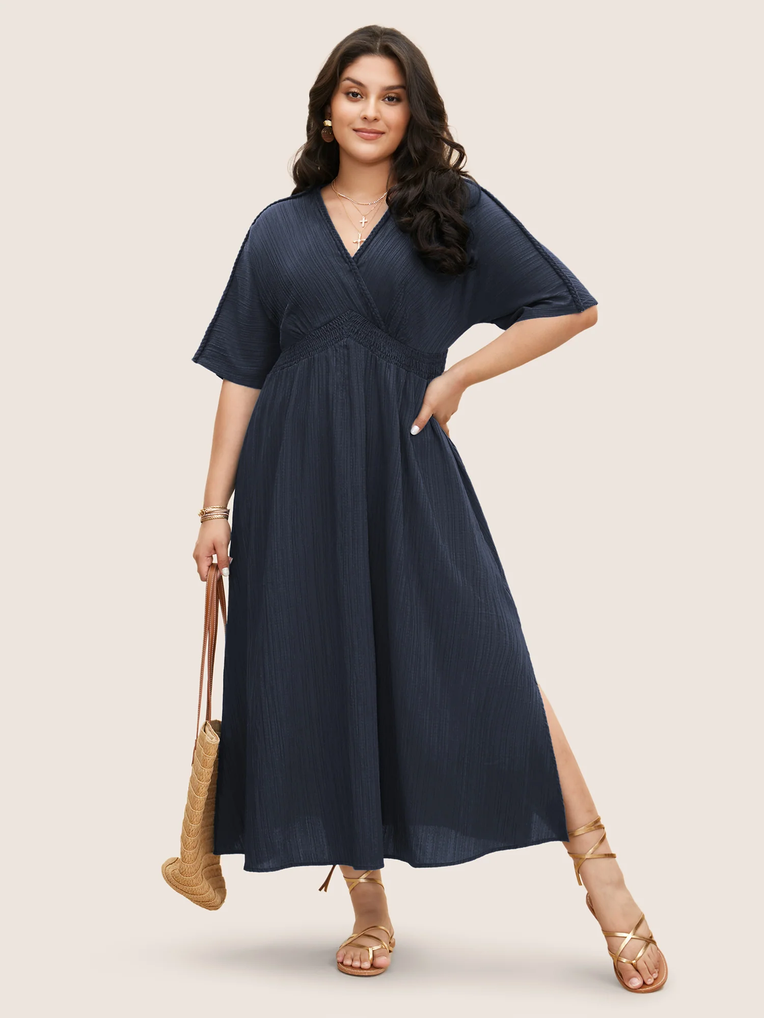 V Neck Shirred Contrast Webbing Split Side Dress - Image 16