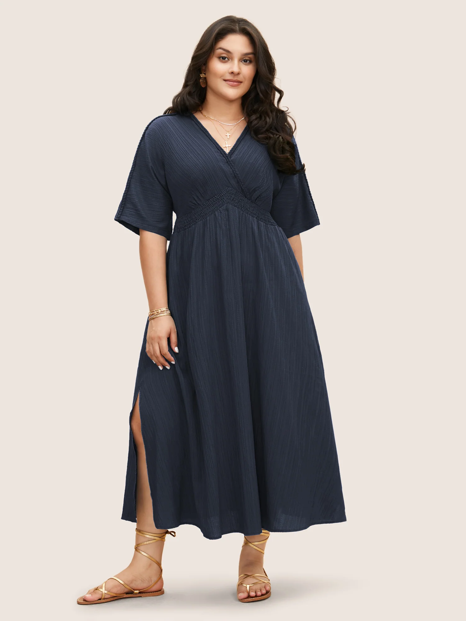 V Neck Shirred Contrast Webbing Split Side Dress - Image 17