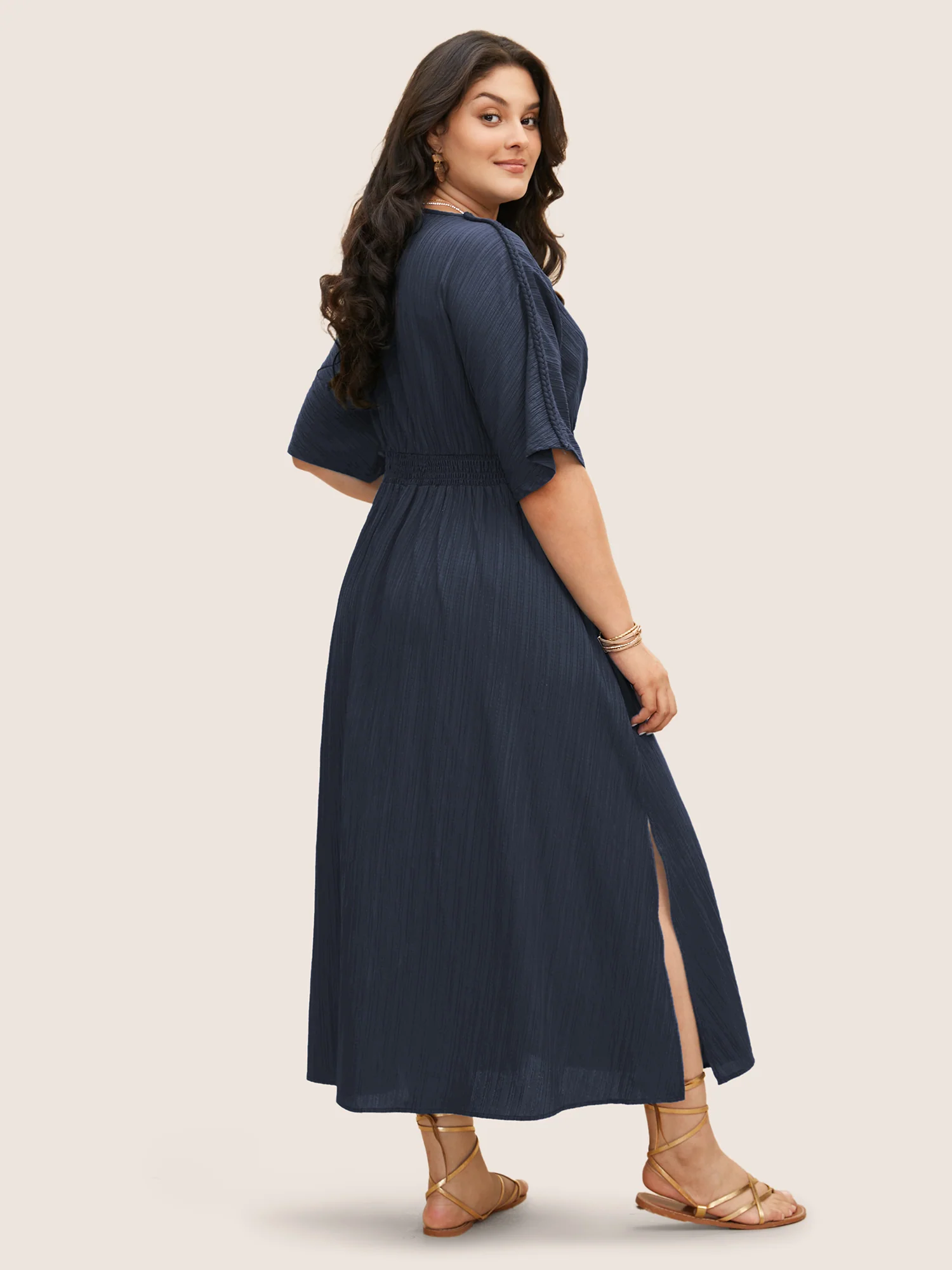 V Neck Shirred Contrast Webbing Split Side Dress - Image 19