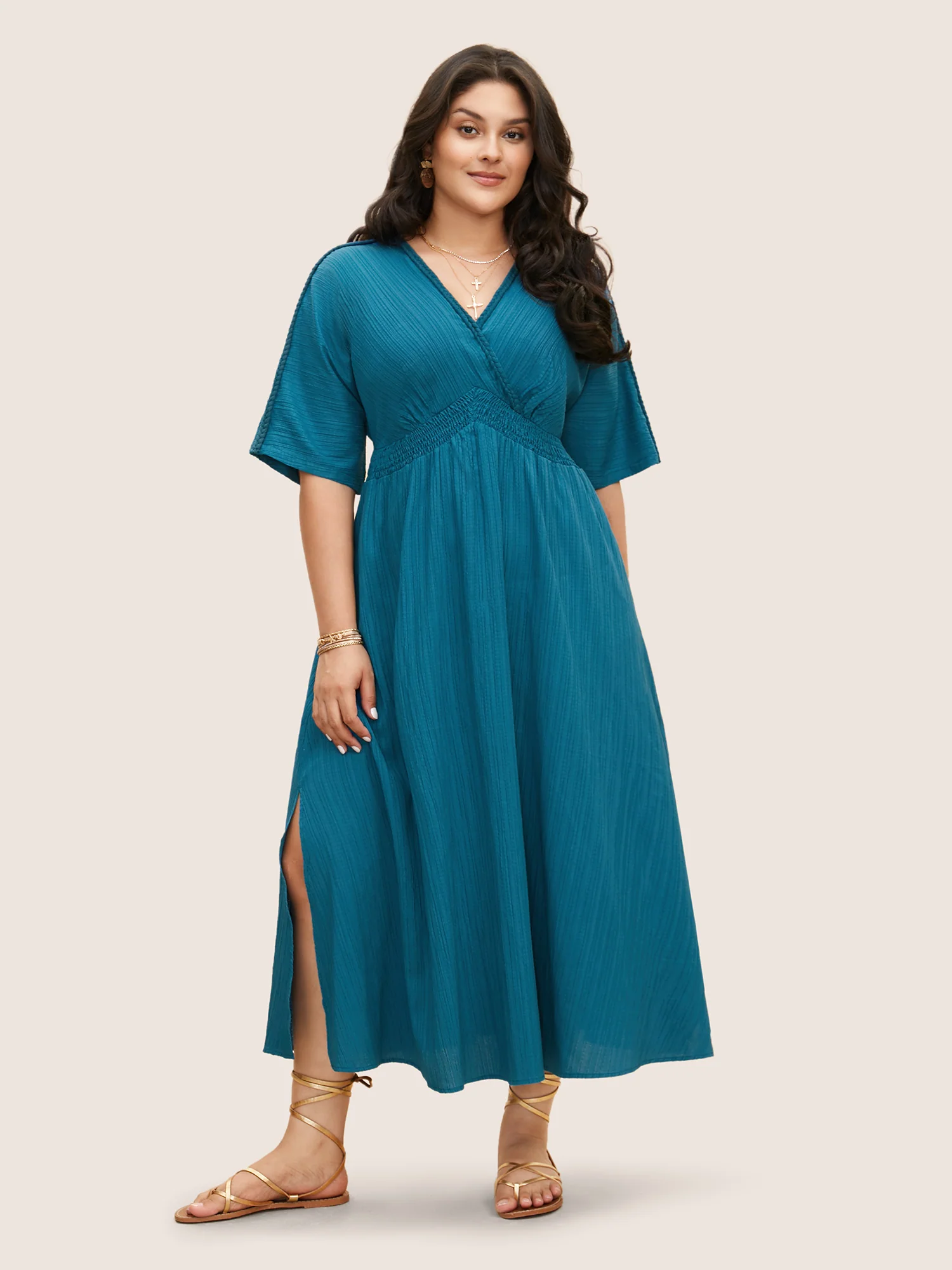 V Neck Shirred Contrast Webbing Split Side Dress - Image 3