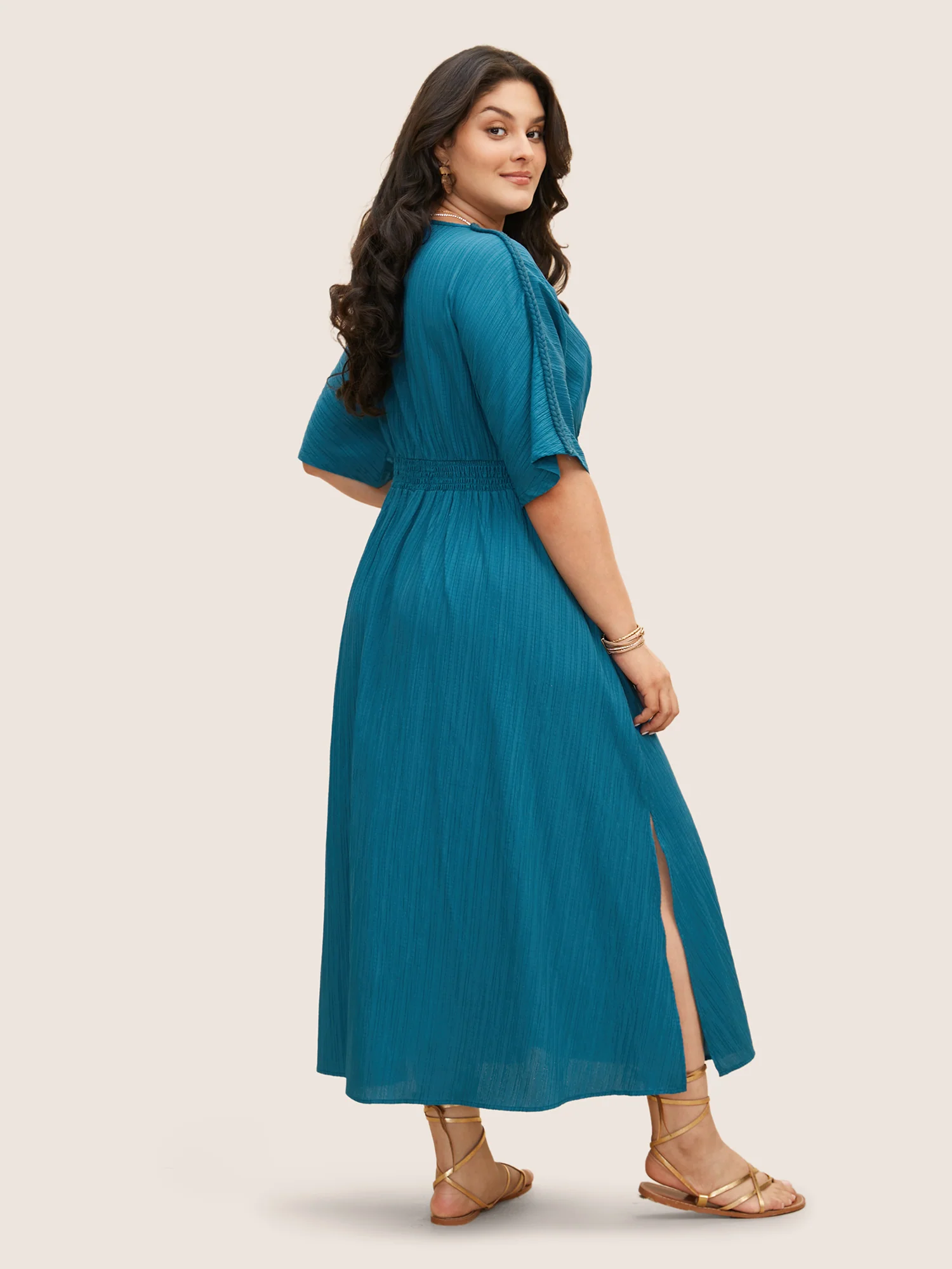 V Neck Shirred Contrast Webbing Split Side Dress - Image 4