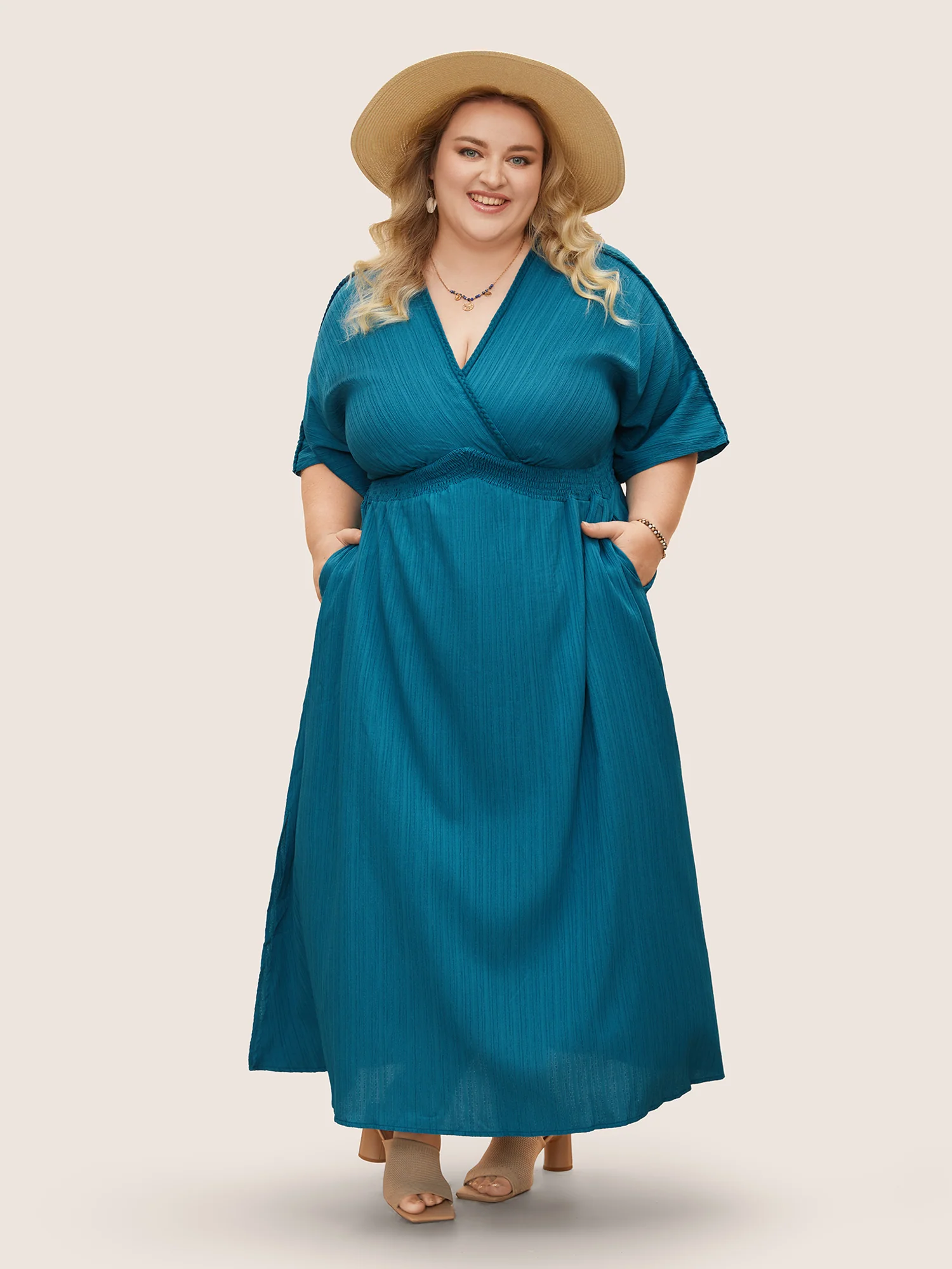 V Neck Shirred Contrast Webbing Split Side Dress - Image 8