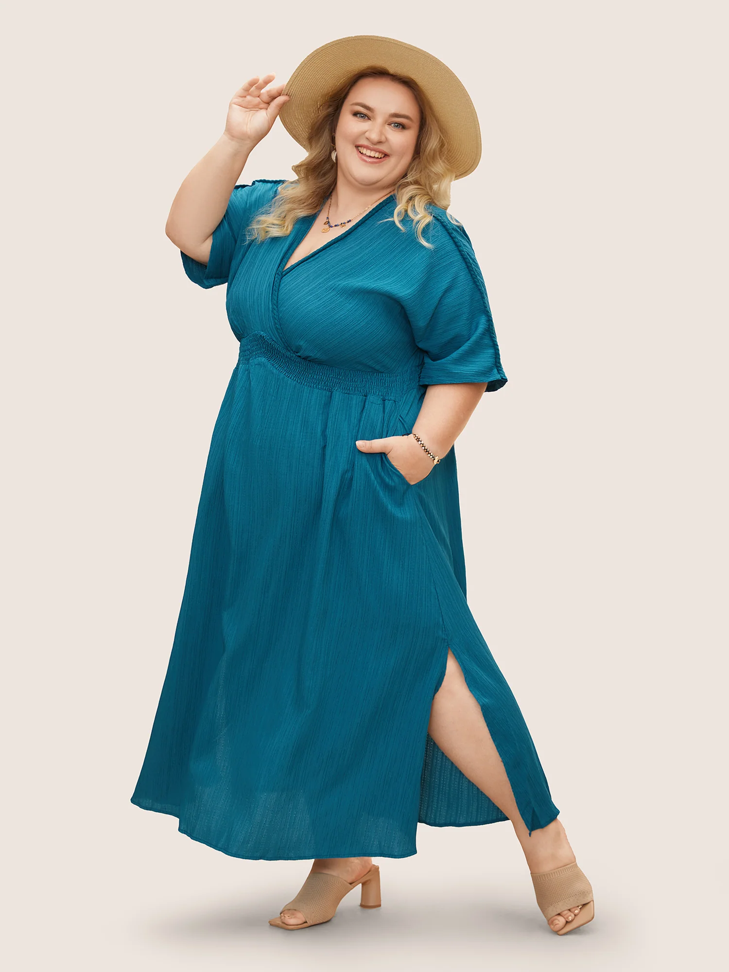 V Neck Shirred Contrast Webbing Split Side Dress - Image 9