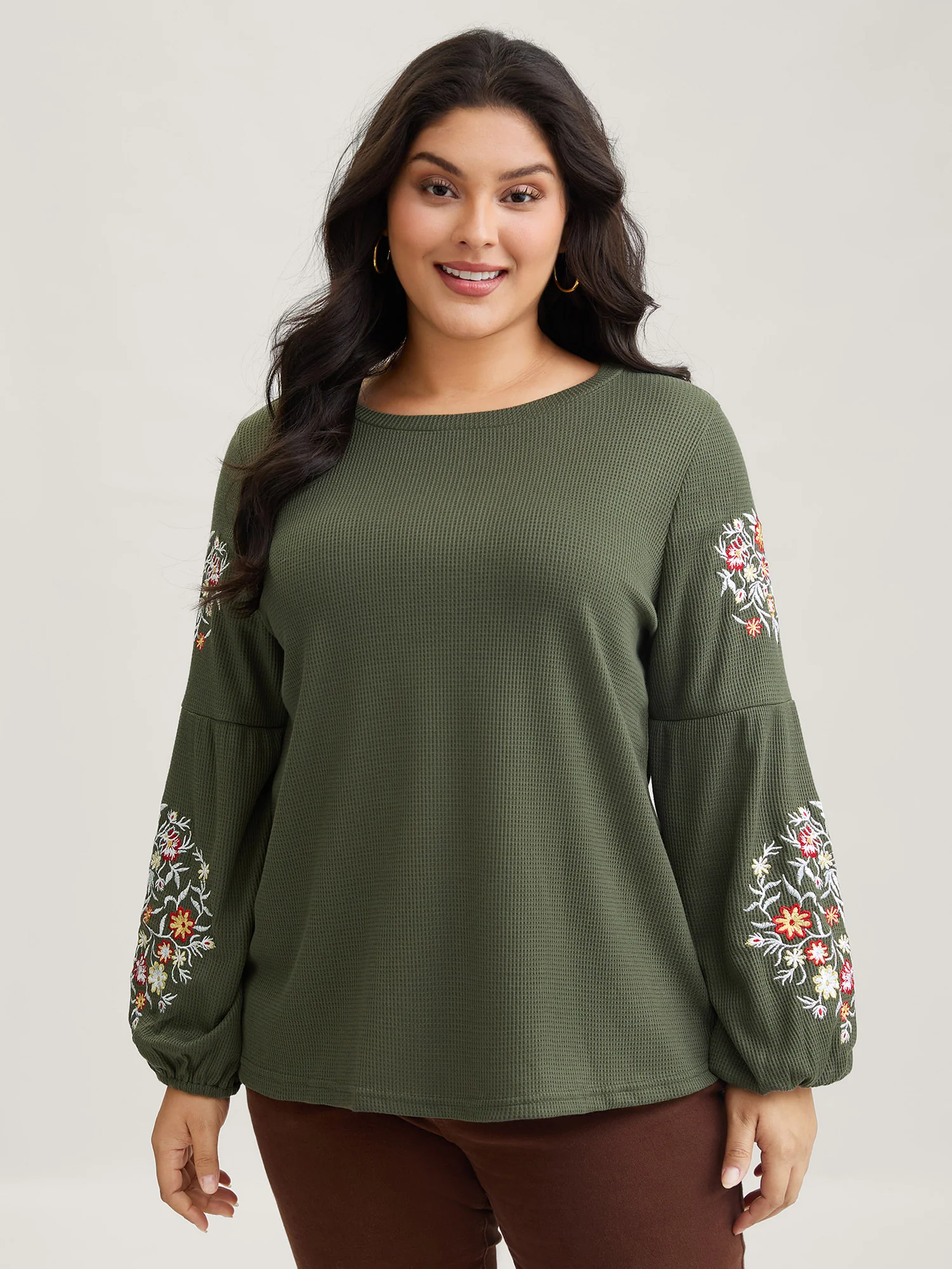 Waffle Knit Floral Embroidered Lantern Sleeve T-shirt - Image 10