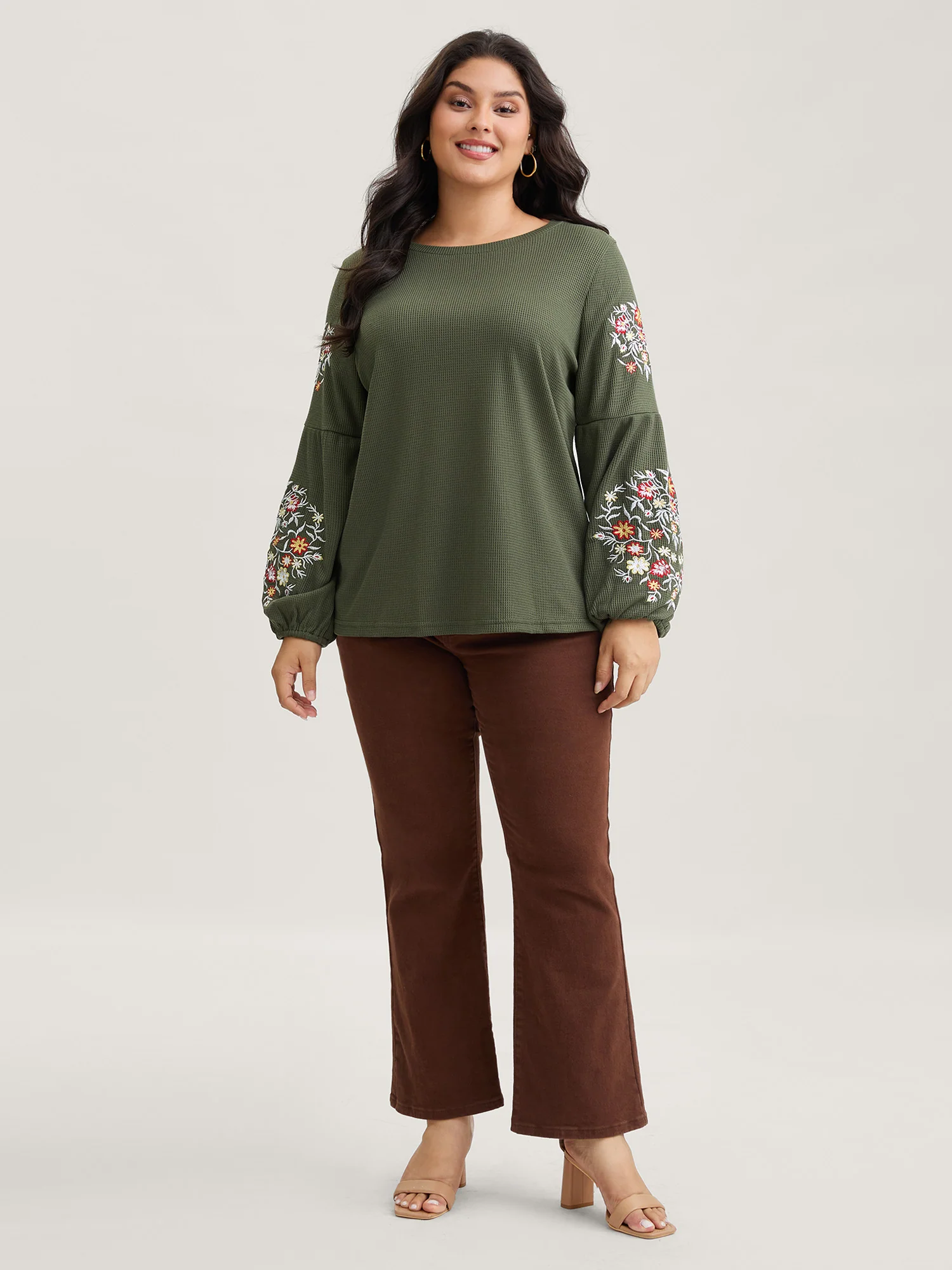 Waffle Knit Floral Embroidered Lantern Sleeve T-shirt - Image 12
