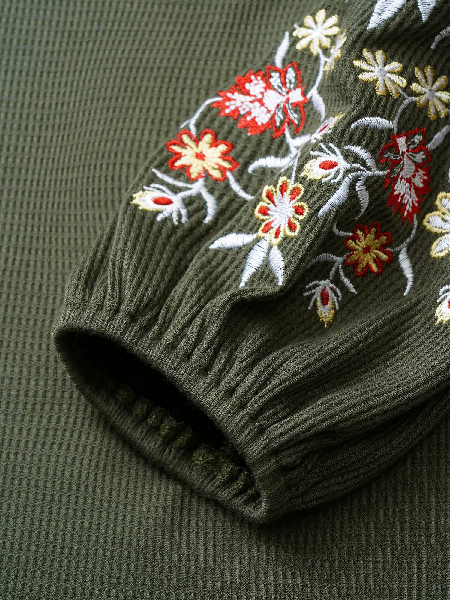 Waffle Knit Floral Embroidered Lantern Sleeve T-shirt - Image 14