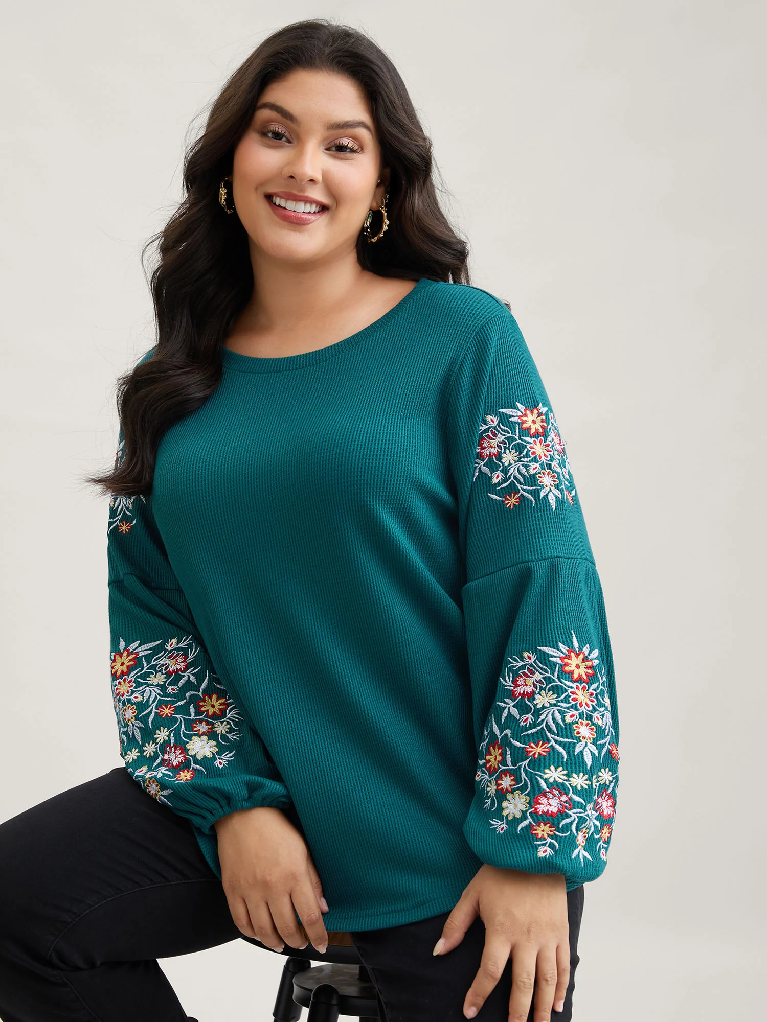 Waffle Knit Floral Embroidered Lantern Sleeve T-shirt - Image 17