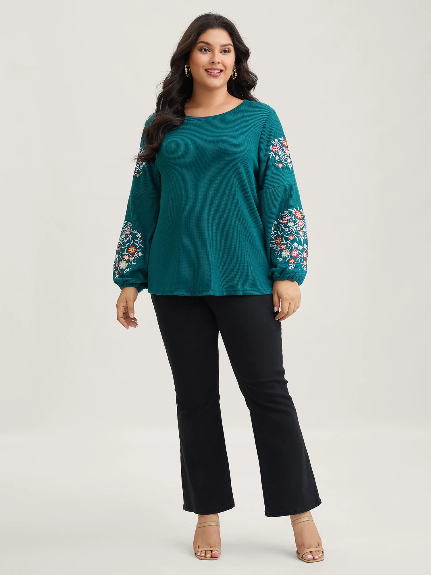 Waffle Knit Floral Embroidered Lantern Sleeve T-shirt - Image 19