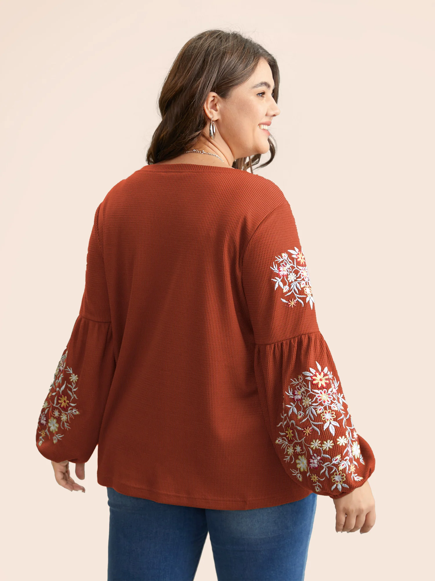 Waffle Knit Floral Embroidered Lantern Sleeve T-shirt - Image 23