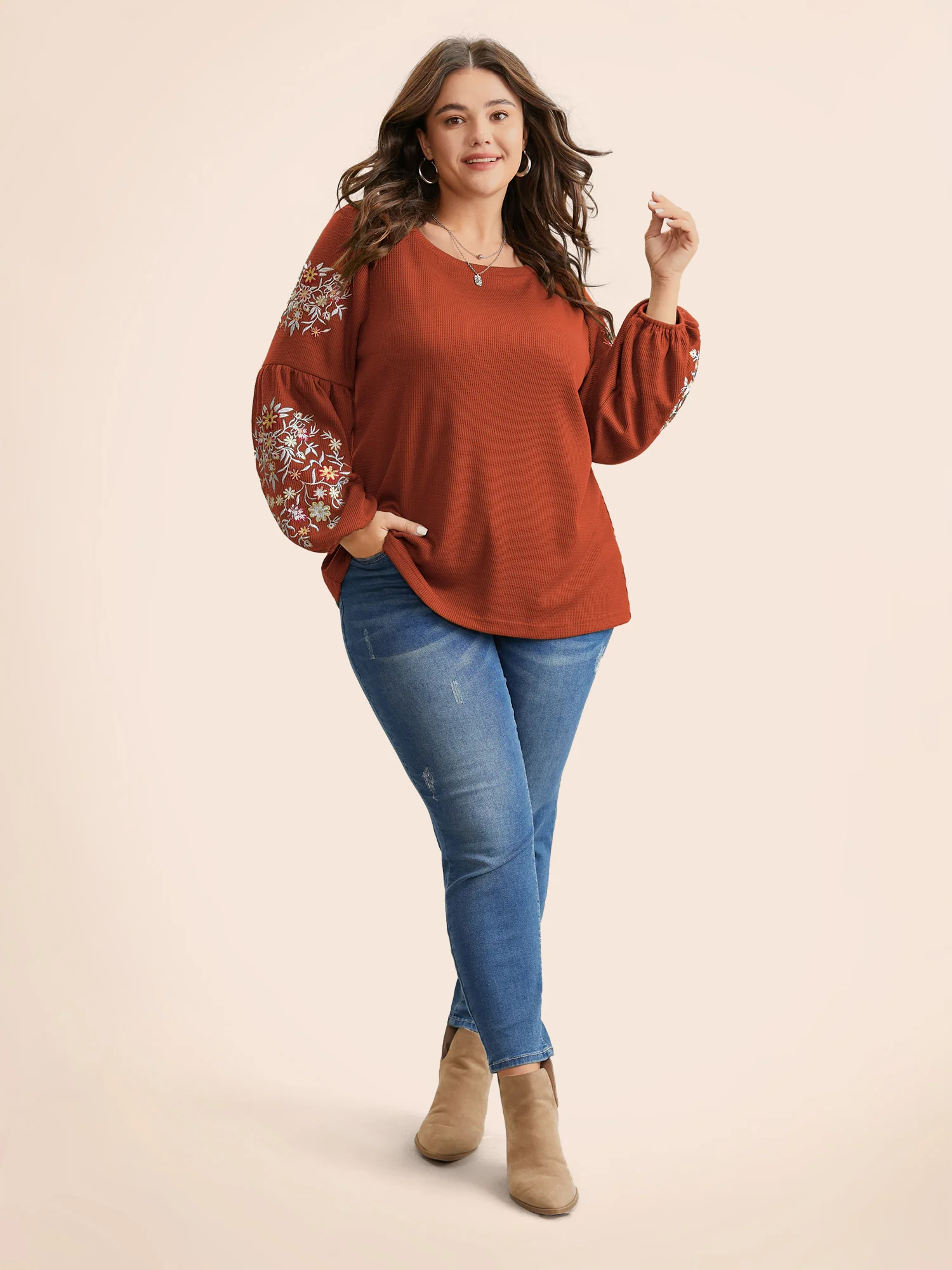 Waffle Knit Floral Embroidered Lantern Sleeve T-shirt - Image 24