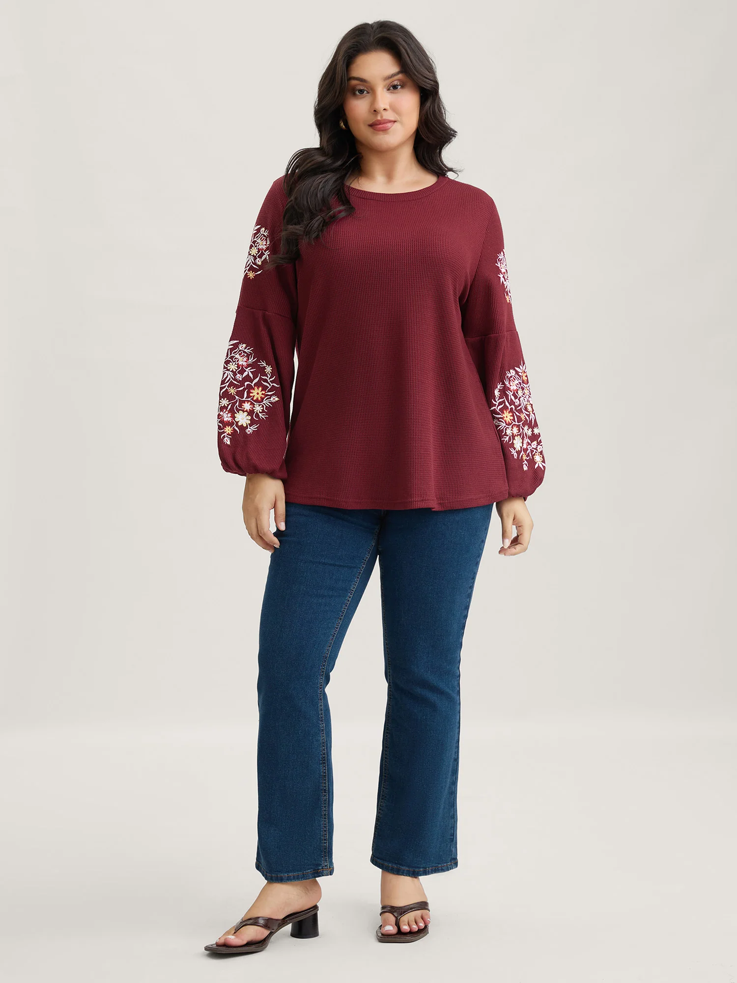 Waffle Knit Floral Embroidered Lantern Sleeve T-shirt - Image 4