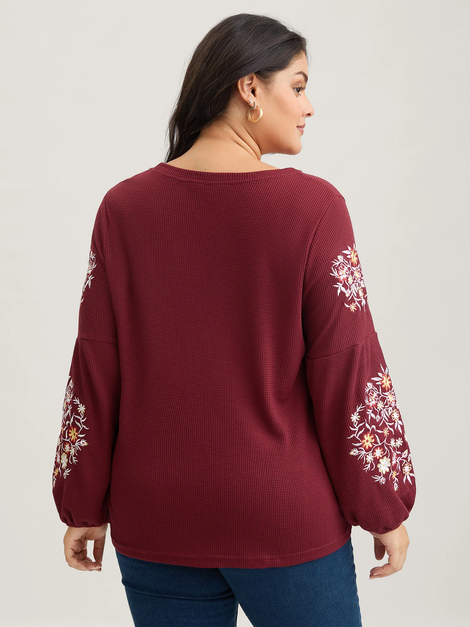 Waffle Knit Floral Embroidered Lantern Sleeve T-shirt - Image 5