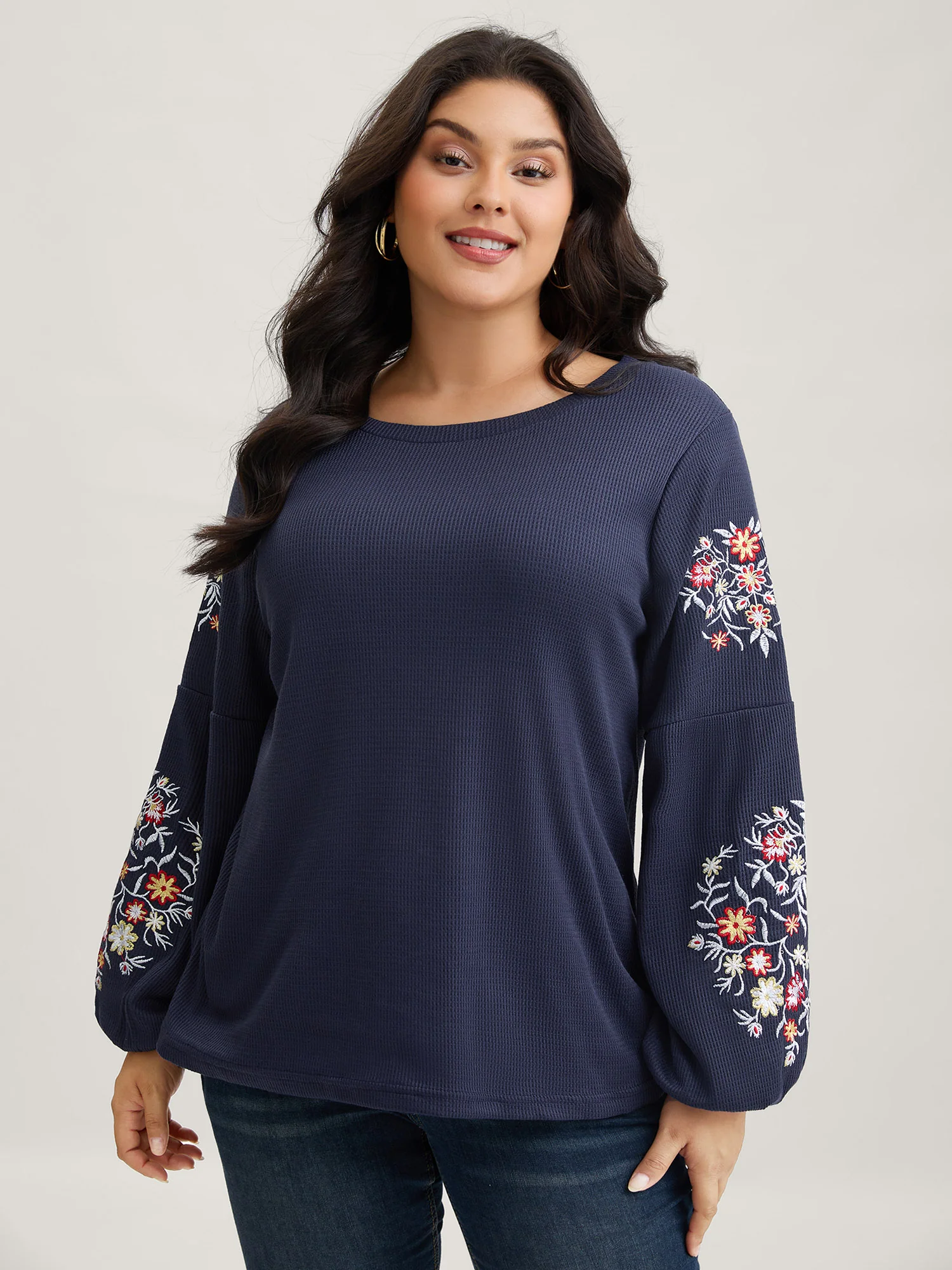 Waffle Knit Floral Embroidered Lantern Sleeve T-shirt - Image 6
