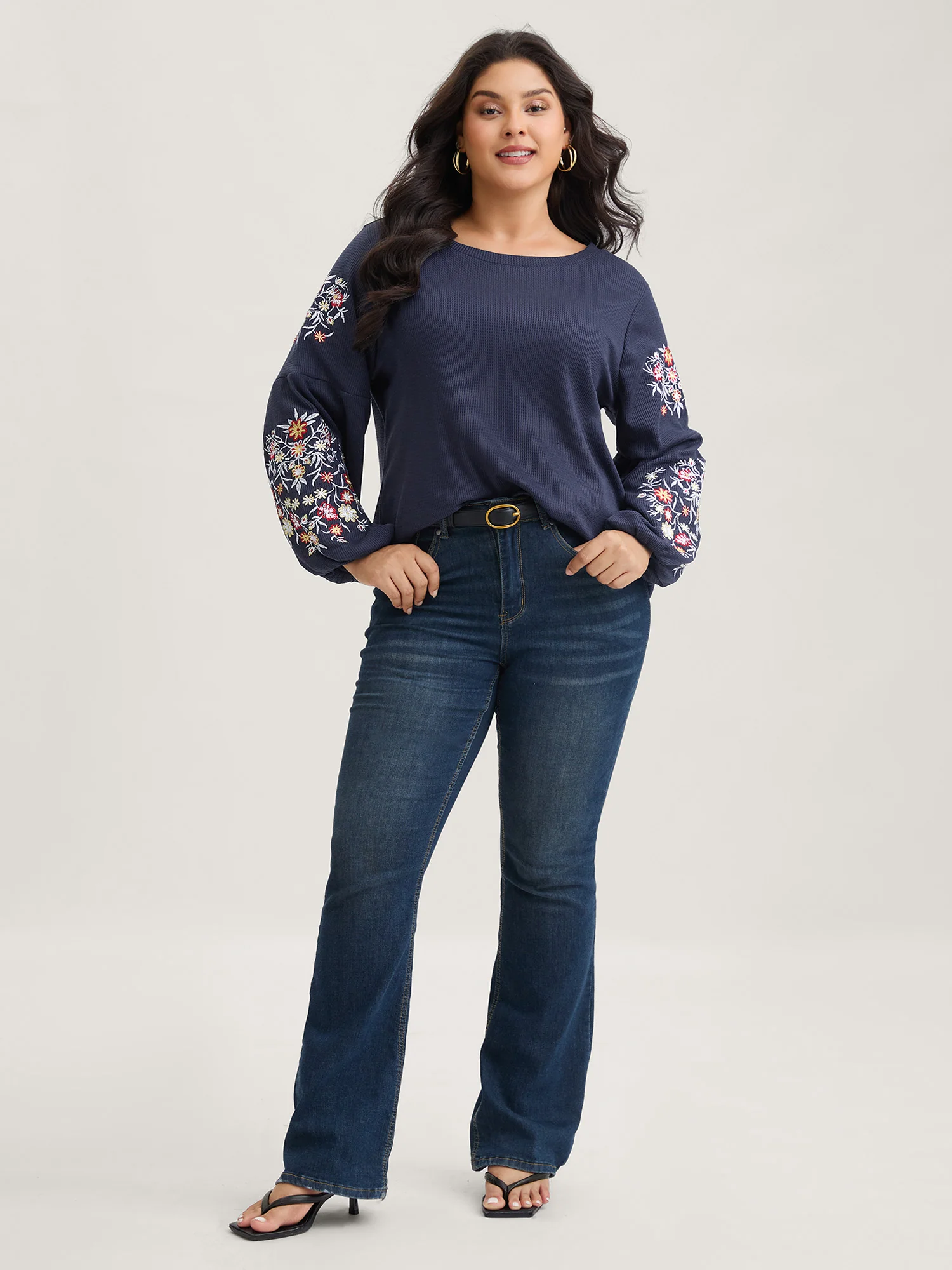 Waffle Knit Floral Embroidered Lantern Sleeve T-shirt - Image 8