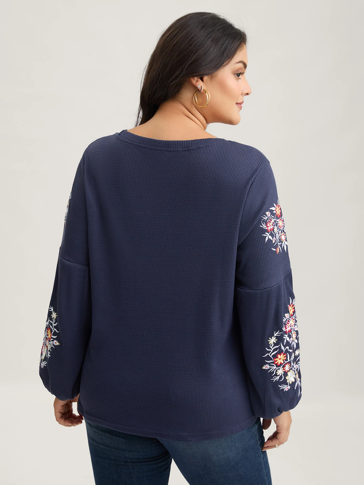 Waffle Knit Floral Embroidered Lantern Sleeve T-shirt - Image 9